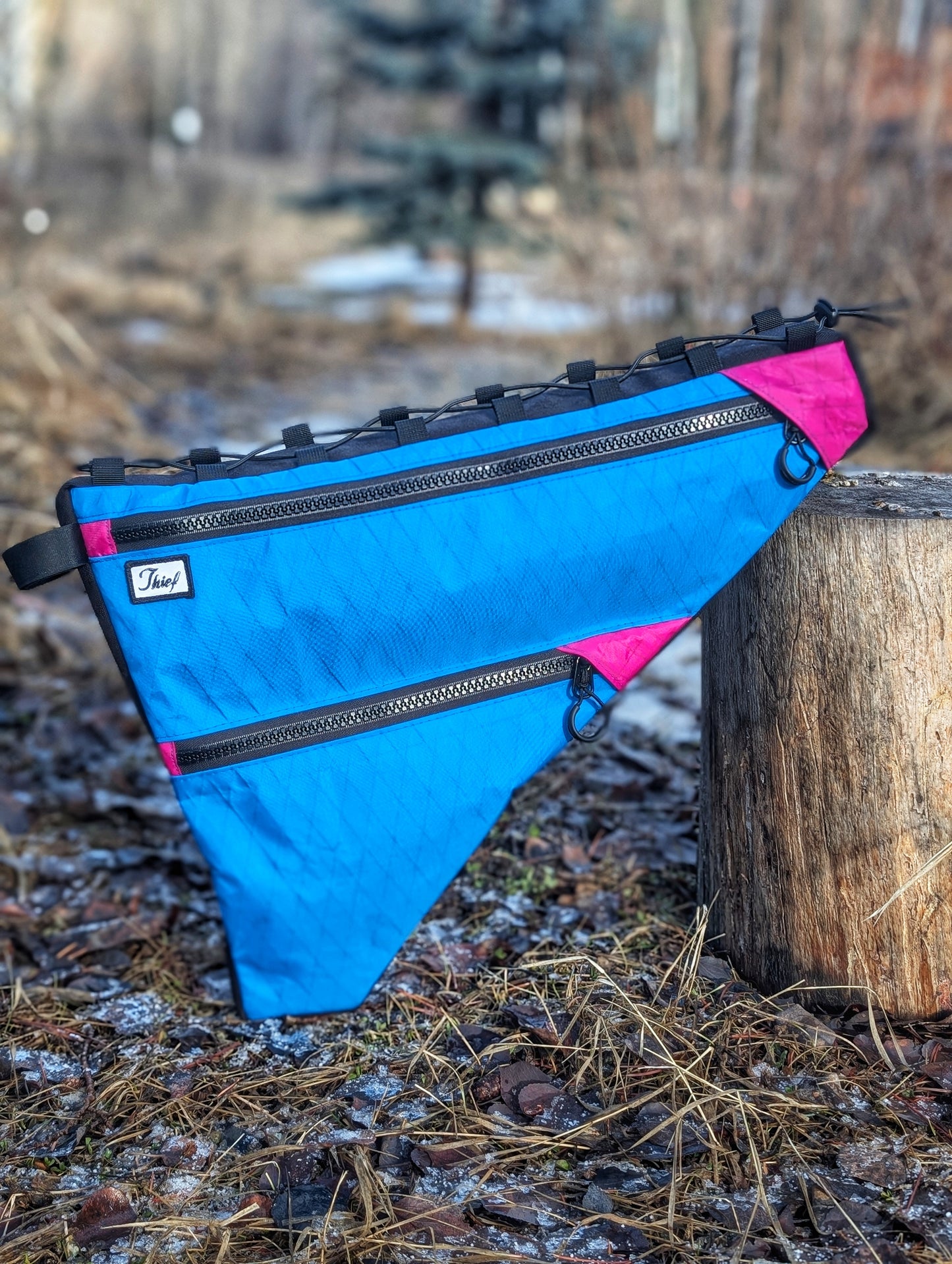 Blue and pink bag leaning against a wooden post in a natural setting
