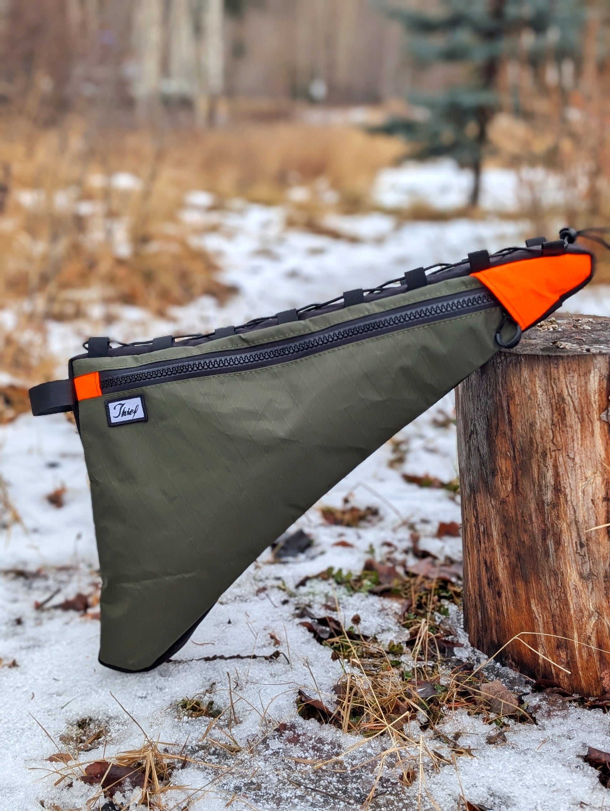 Green and orange bag leaning against a wooden stump in a snowy forest