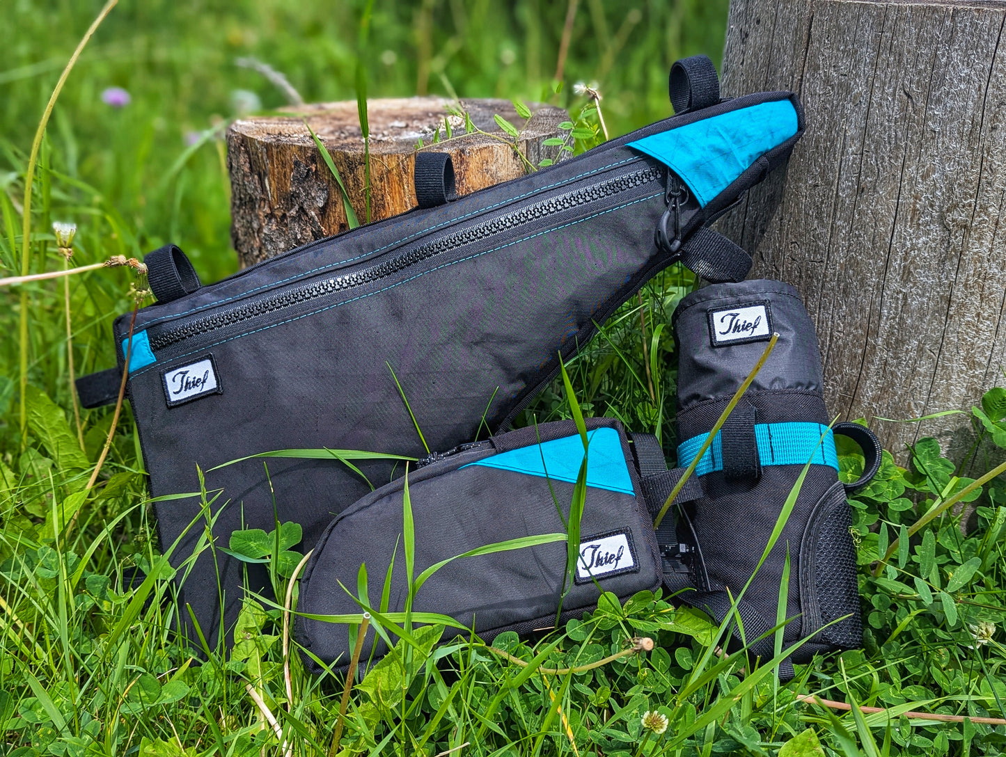 Black and blue frame bag with a brand logo on grass and wooden stump