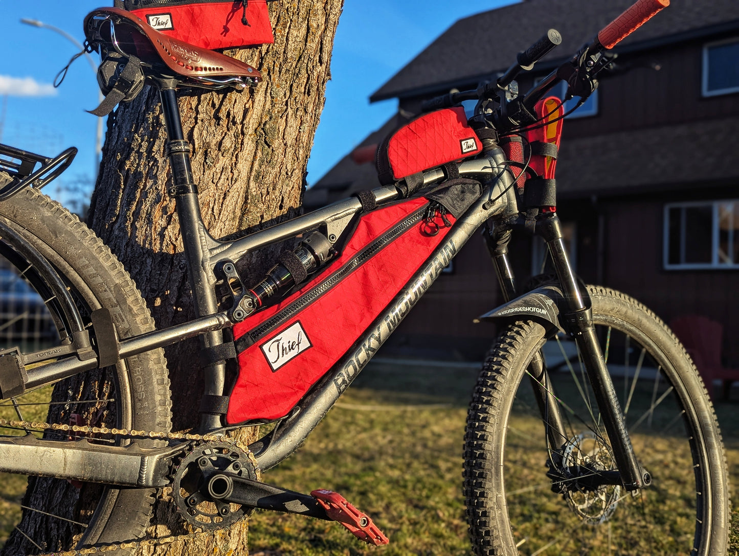 Bicycle with red frame and cargo bags attached to a tree, with a house in the background.