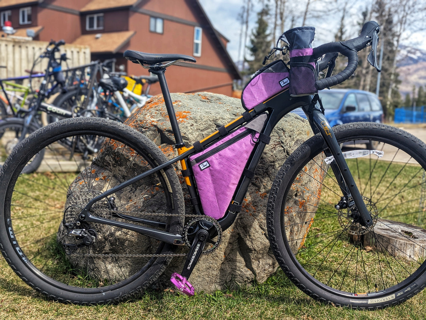 Bicycle with a purple bag leaning against a rock in an outdoor setting