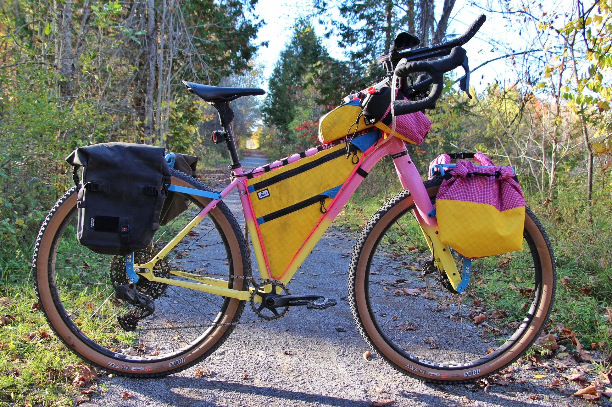 Colorful bicycle with various bags on a paved path in a forest