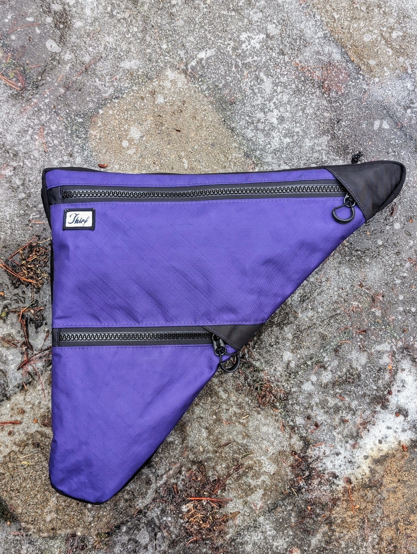 Salsa Cutthroat custom frame bag bolt on purple and black.
