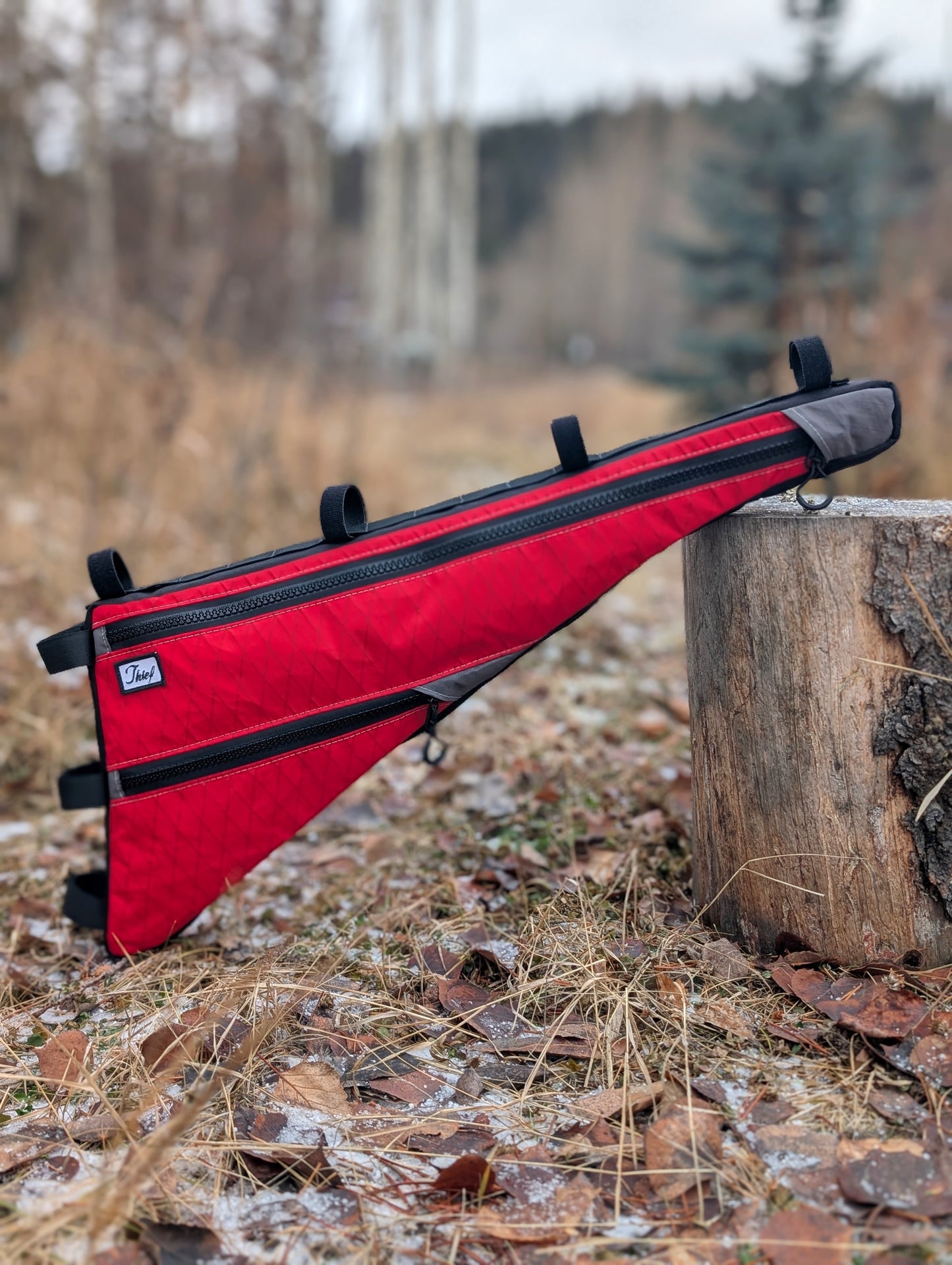 Red and grey double decker frame bag custom made.