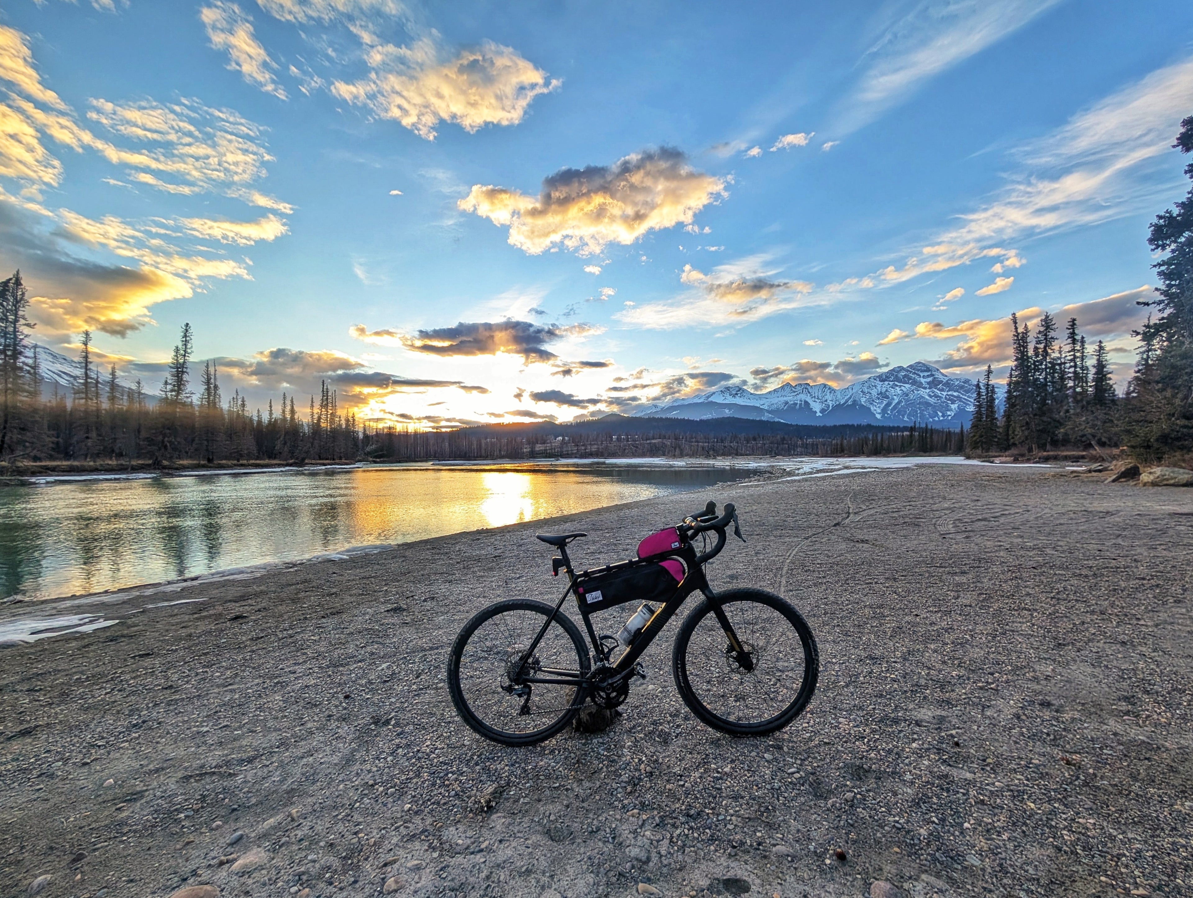 Thief bikepacking bags on a gravel bike outside in the mountains.